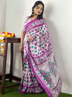Thumbnail for NOZ2TOZ Women's Cotton White Printed Designer Saree With Blouse Piece - Distacart