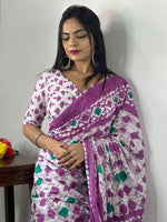 Thumbnail for NOZ2TOZ Women's Cotton White Printed Designer Saree With Blouse Piece - Distacart