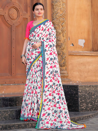 NOZ2TOZ Women's Cotton White Printed Designer Saree With Blouse Piece - Distacart