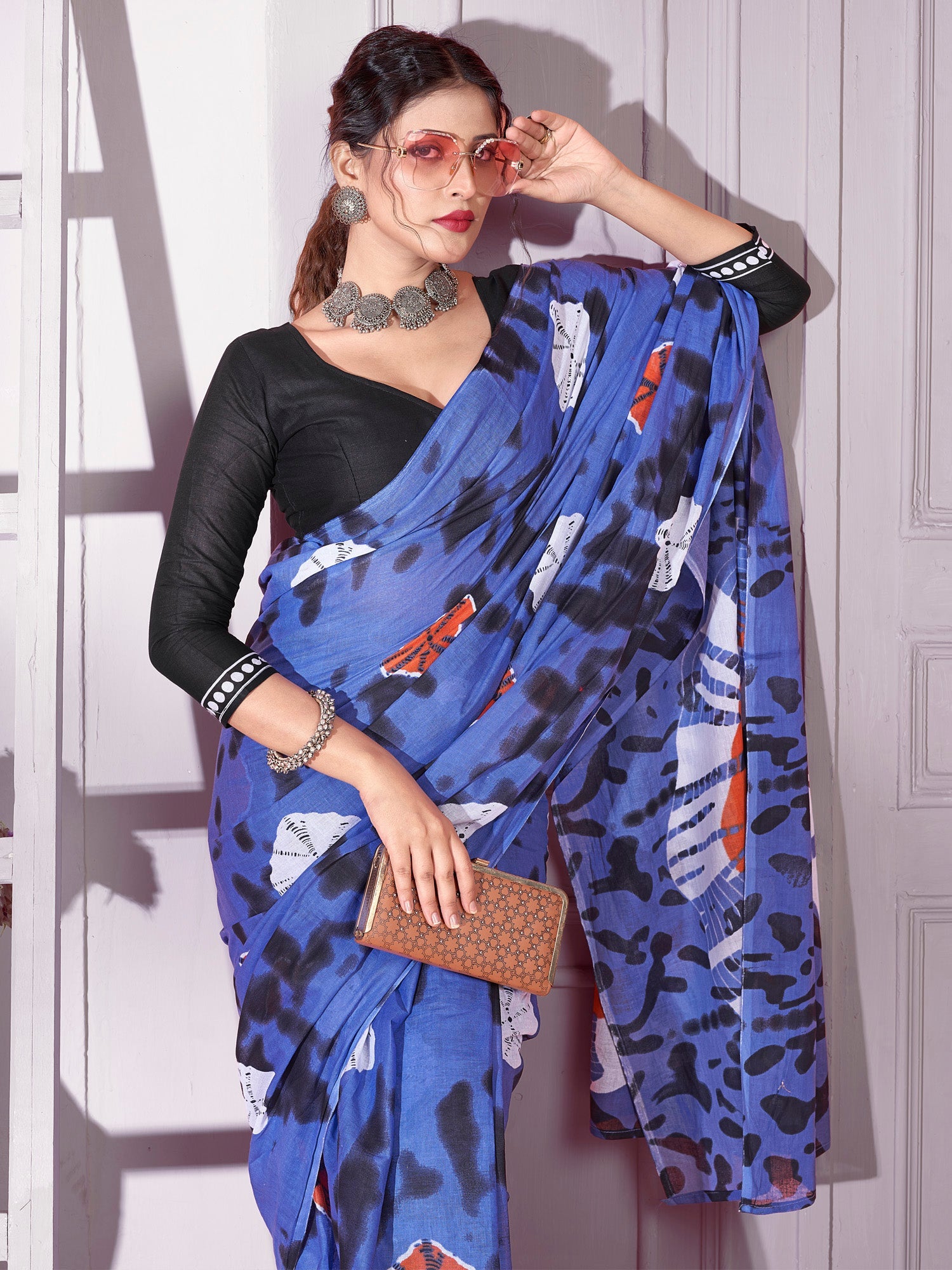NOZ2TOZ Women's Cotton Blue Printed Designer Saree With Blouse Piece - Distacart