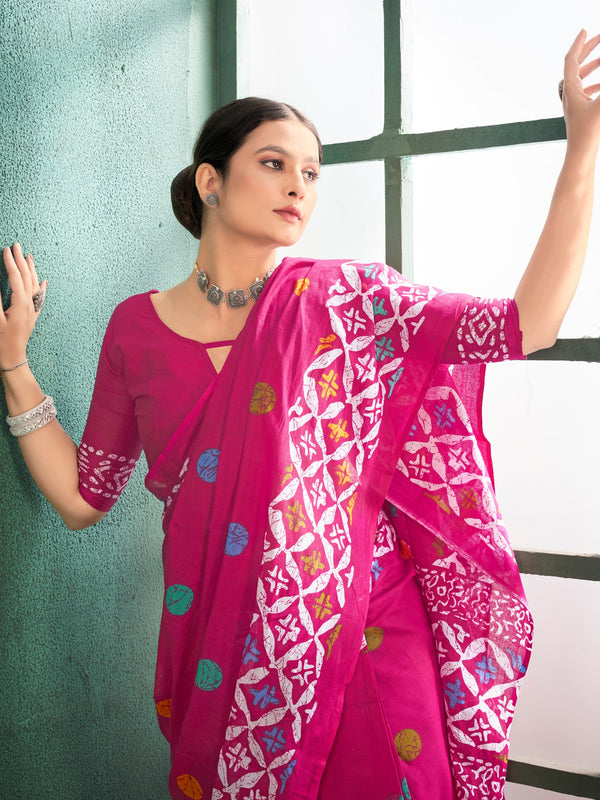 NOZ2TOZ Women's Cotton Pink Printed Designer Saree With Blouse Piece - Distacart