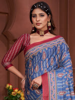 Thumbnail for NOZ2TOZ Women's Cotton Blue Printed Designer Saree With Blouse Piece - Distacart