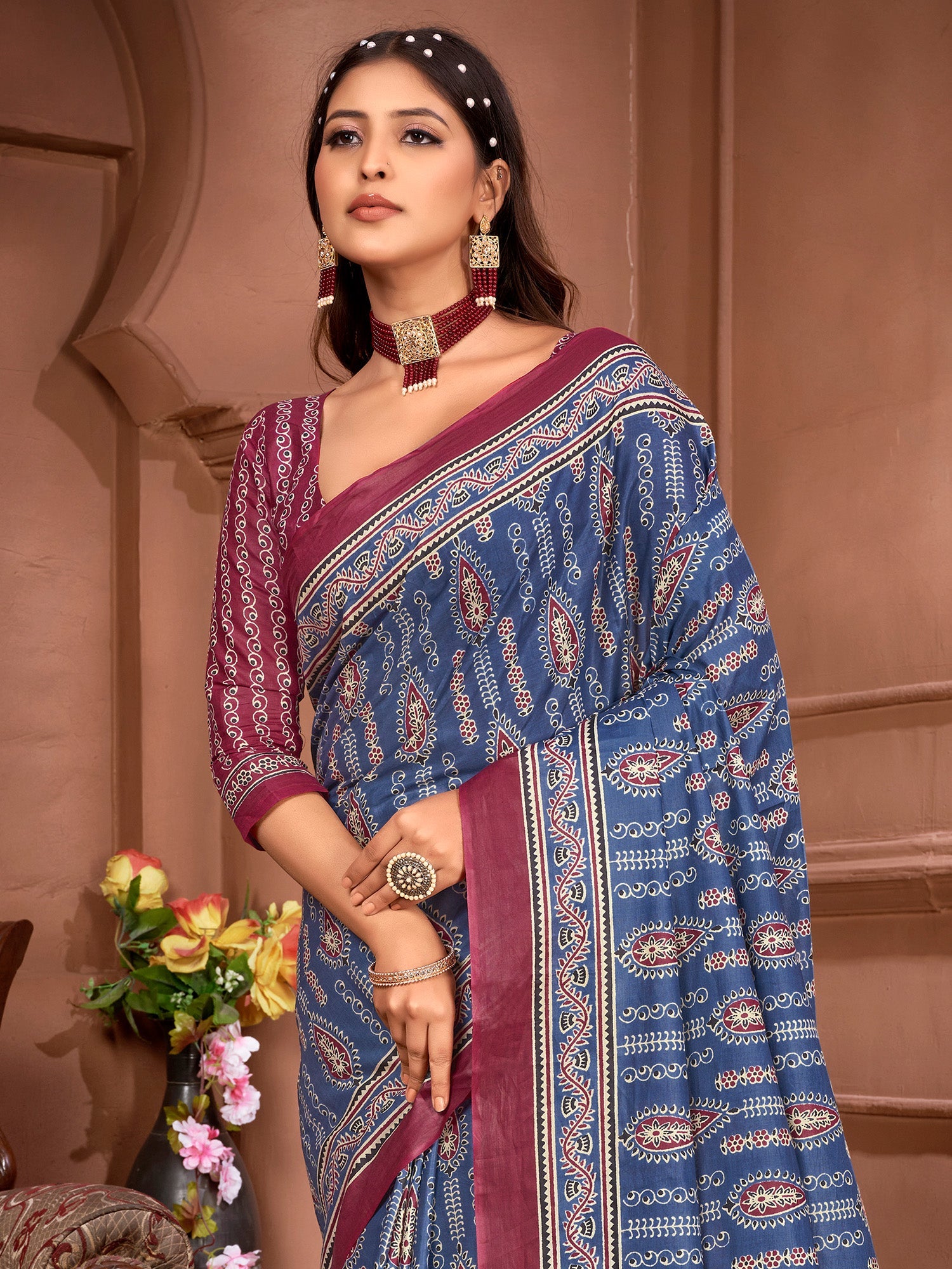 NOZ2TOZ Women's Cotton Blue Printed Designer Saree With Blouse Piece - Distacart