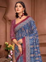 Thumbnail for NOZ2TOZ Women's Cotton Blue Printed Designer Saree With Blouse Piece - Distacart