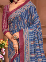Thumbnail for NOZ2TOZ Women's Cotton Blue Printed Designer Saree With Blouse Piece - Distacart
