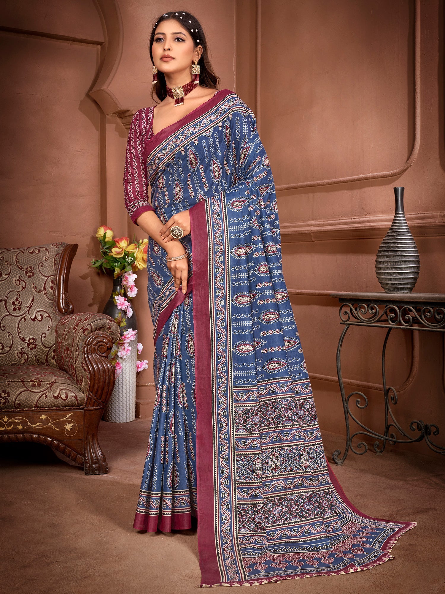 NOZ2TOZ Women's Cotton Blue Printed Designer Saree With Blouse Piece - Distacart