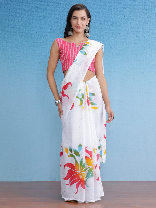 NOZ2TOZ Women's Cotton White Printed Designer Saree With Blouse Piece - Distacart