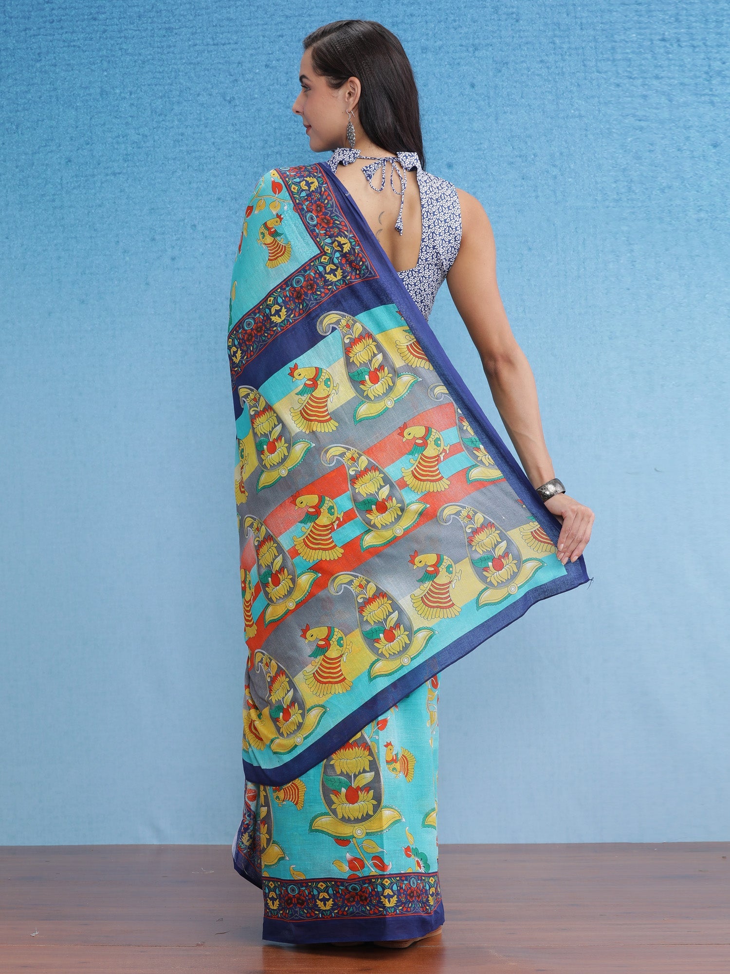 NOZ2TOZ Women's Cotton Blue Printed Designer Saree With Blouse Piece - Distacart