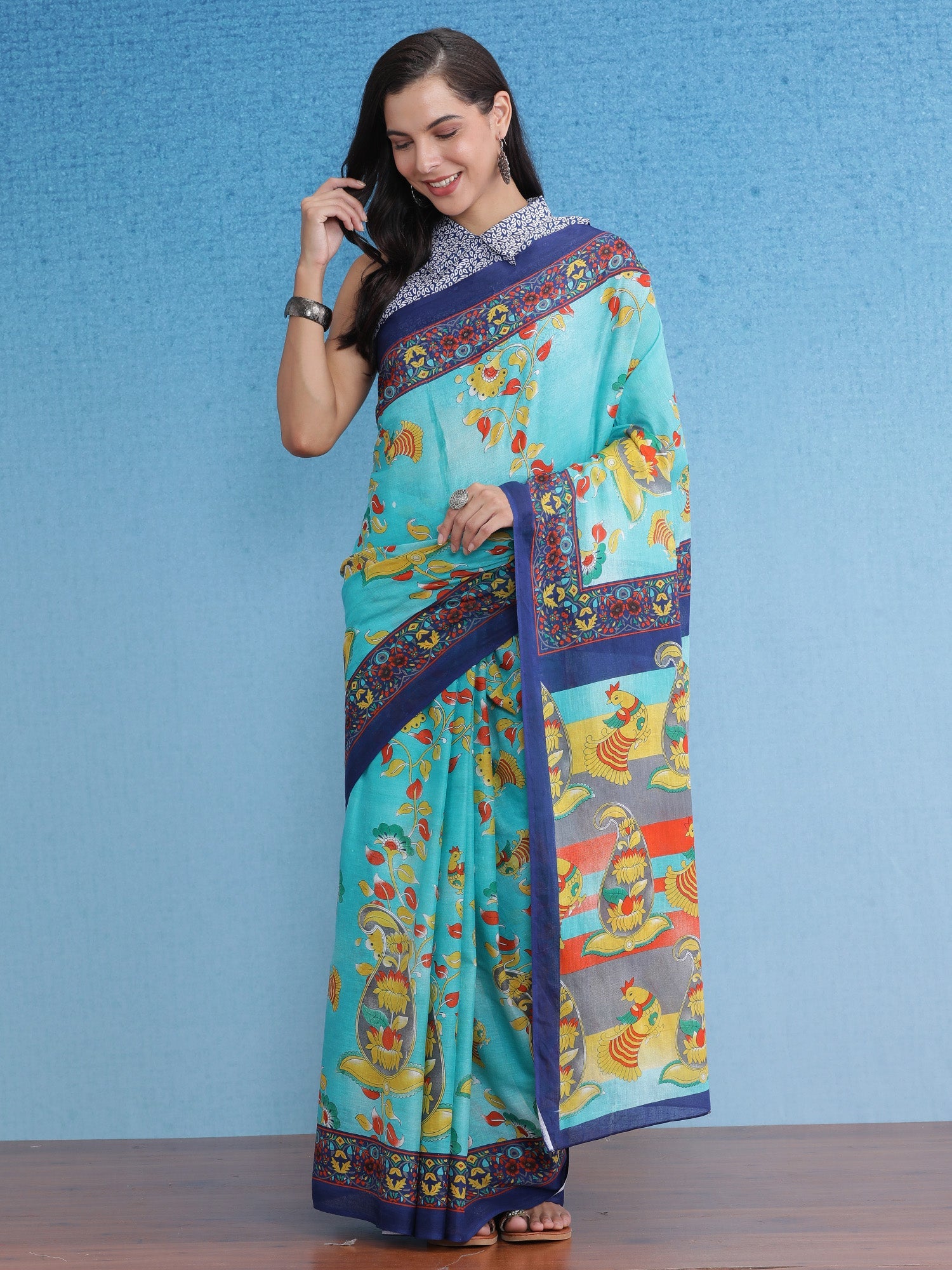 NOZ2TOZ Women's Cotton Blue Printed Designer Saree With Blouse Piece - Distacart