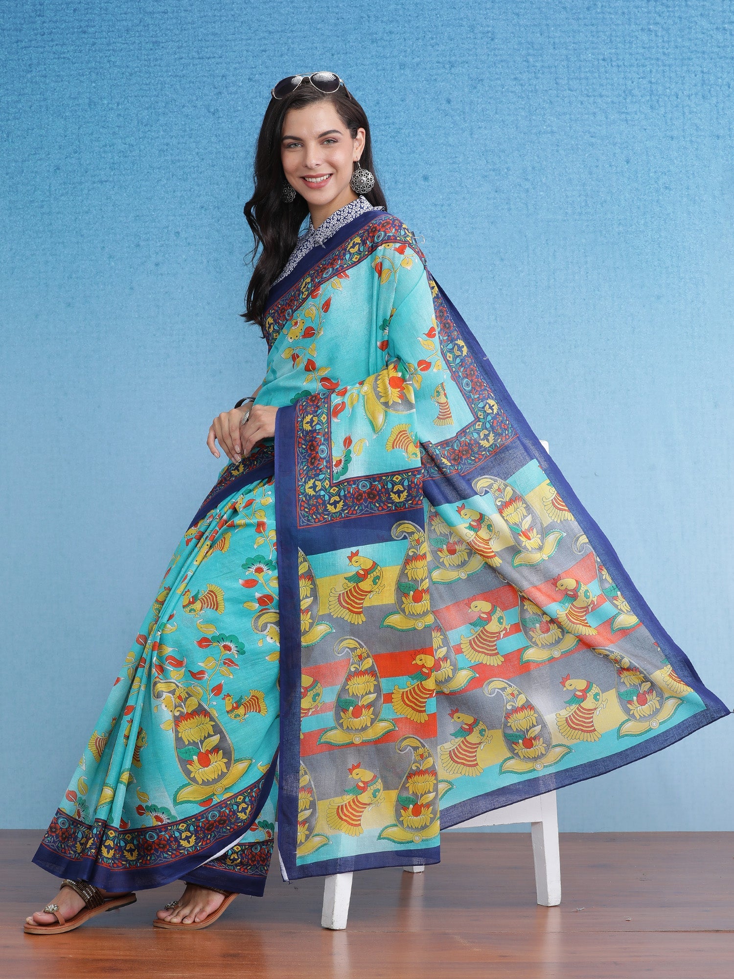 NOZ2TOZ Women's Cotton Blue Printed Designer Saree With Blouse Piece - Distacart
