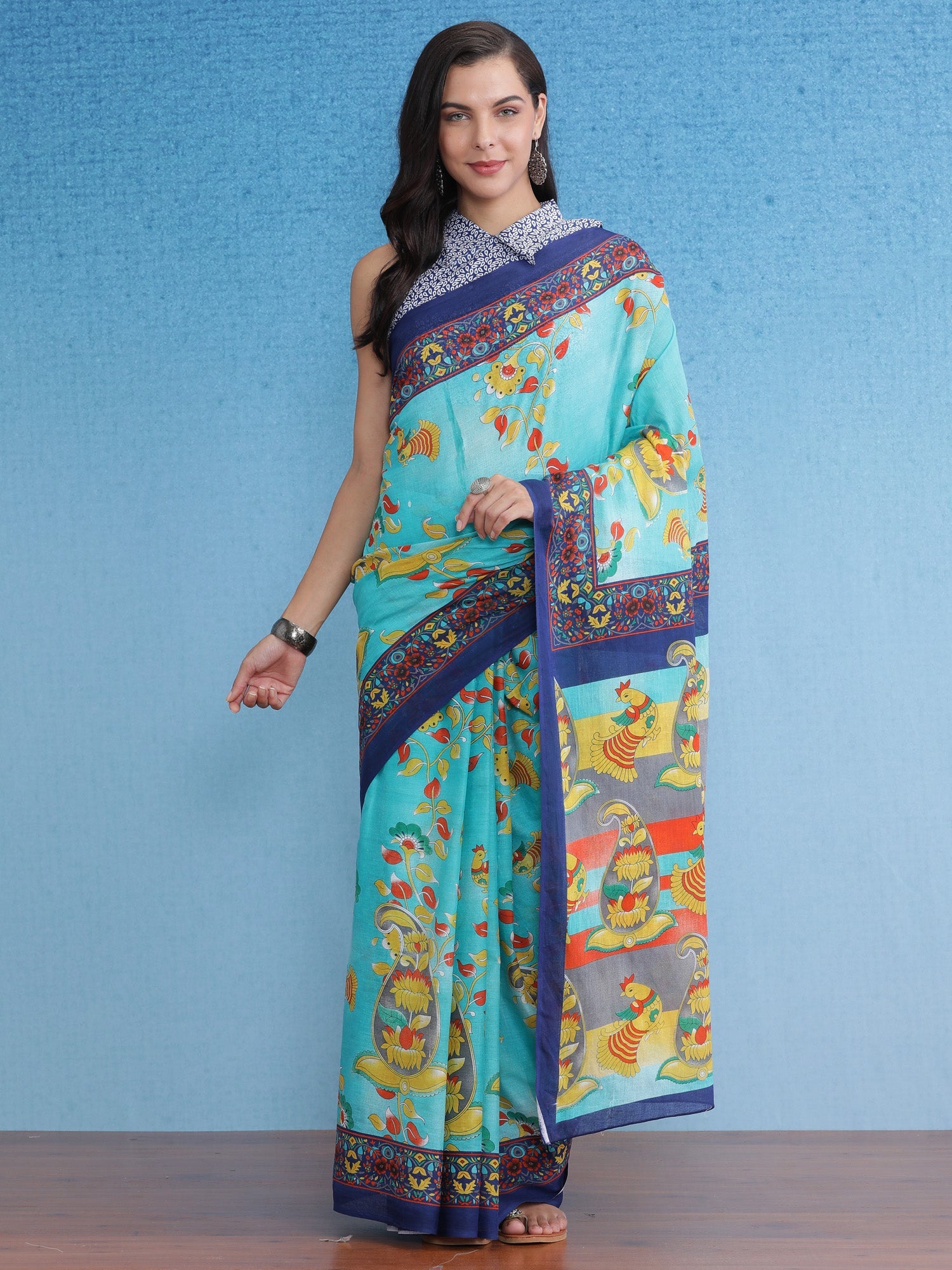 NOZ2TOZ Women's Cotton Blue Printed Designer Saree With Blouse Piece - Distacart