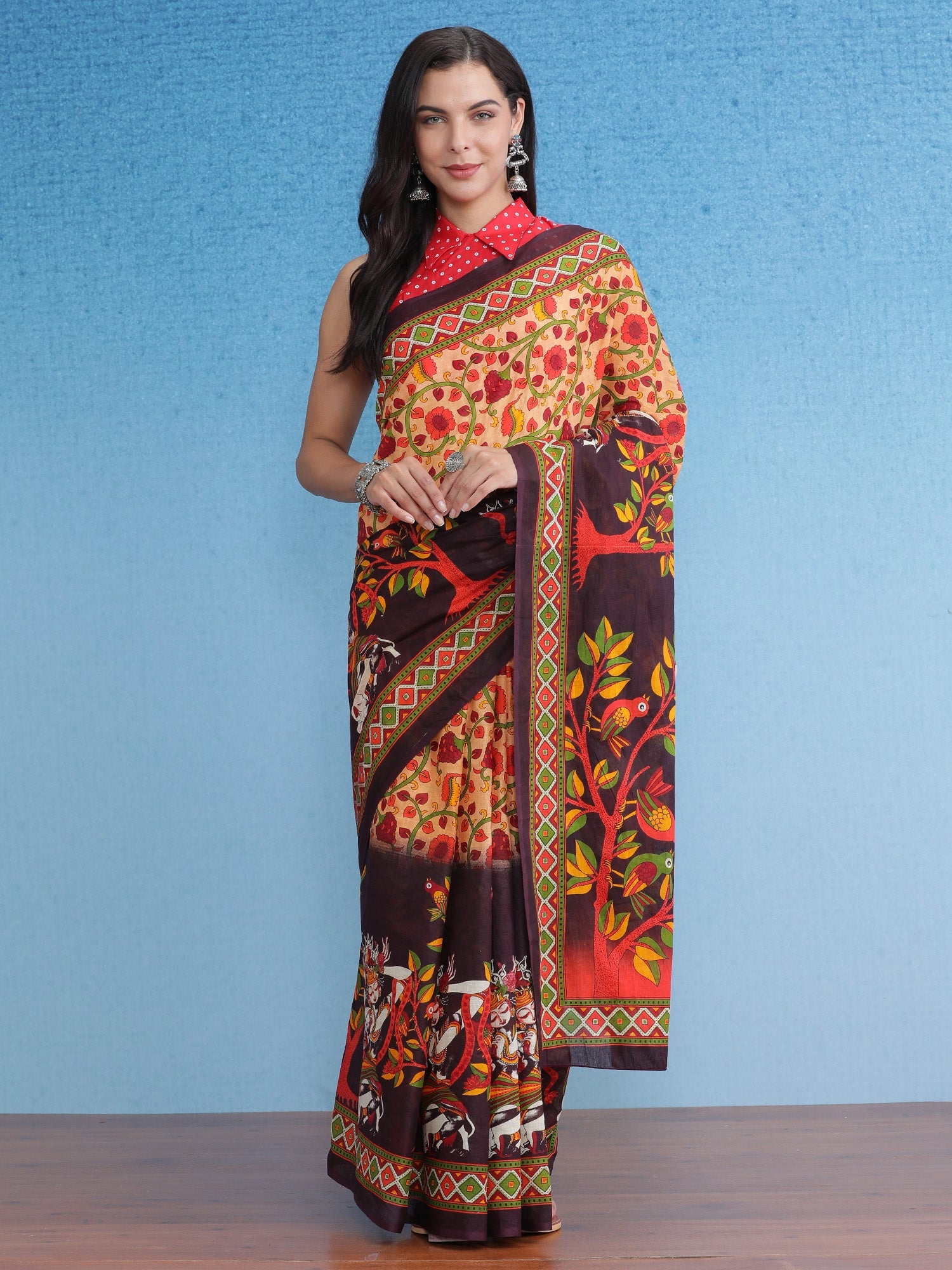 NOZ2TOZ Women's Cotton Cream Printed Designer Saree With Blouse Piece - Distacart