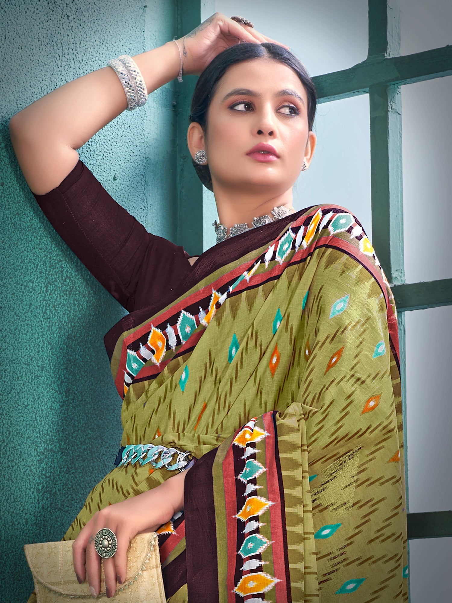 NOZ2TOZ Women's Cotton Olive Printed Designer Saree With Blouse Piece - Distacart