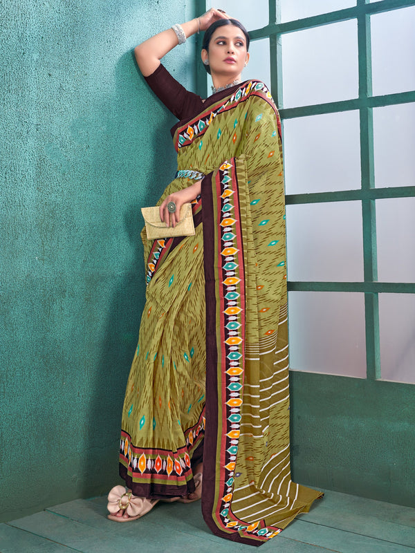 NOZ2TOZ Women's Cotton Olive Printed Designer Saree With Blouse Piece - Distacart