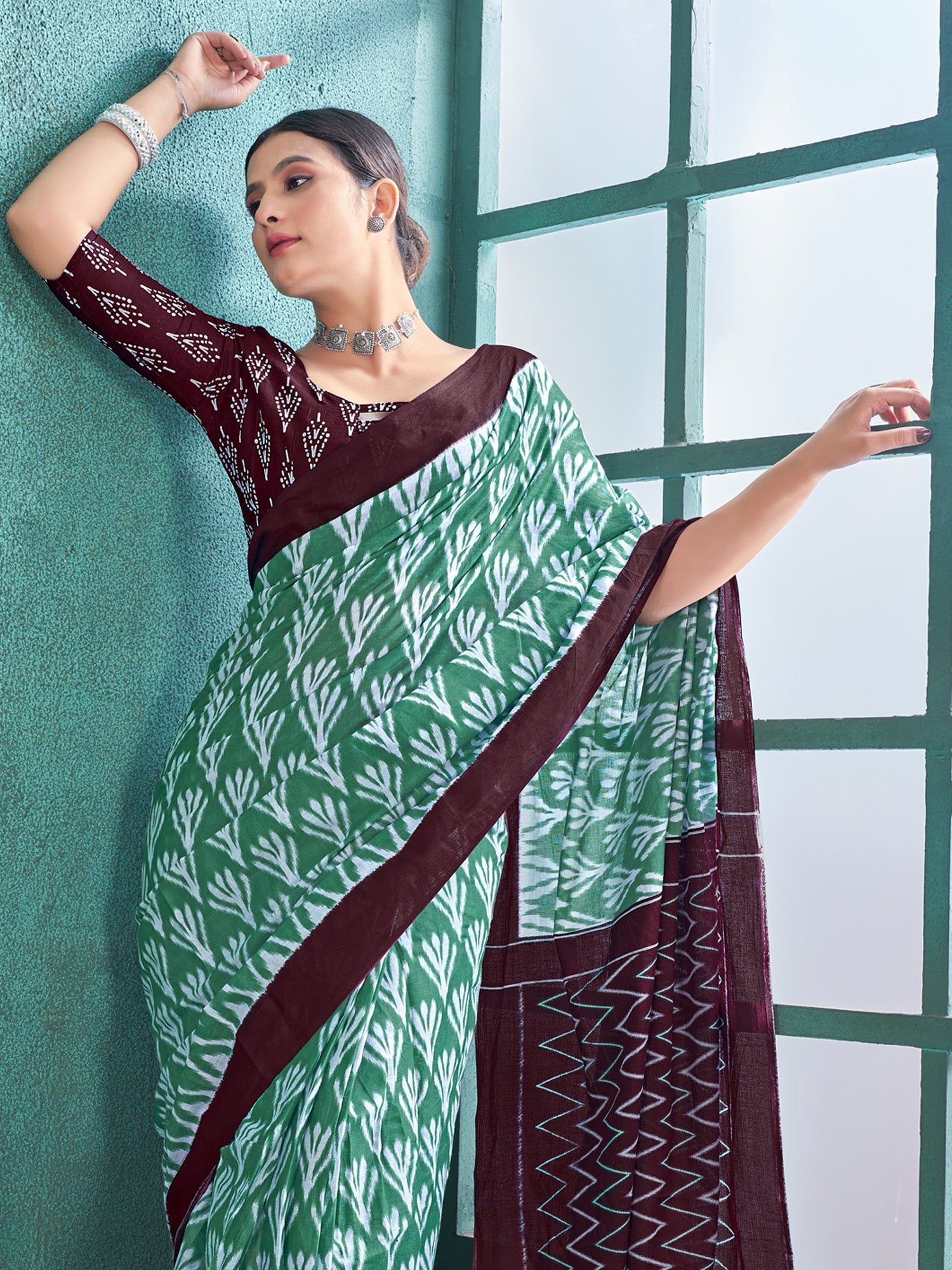 NOZ2TOZ Women's Cotton Sea Green Printed Designer Saree With Blouse Piece - Distacart