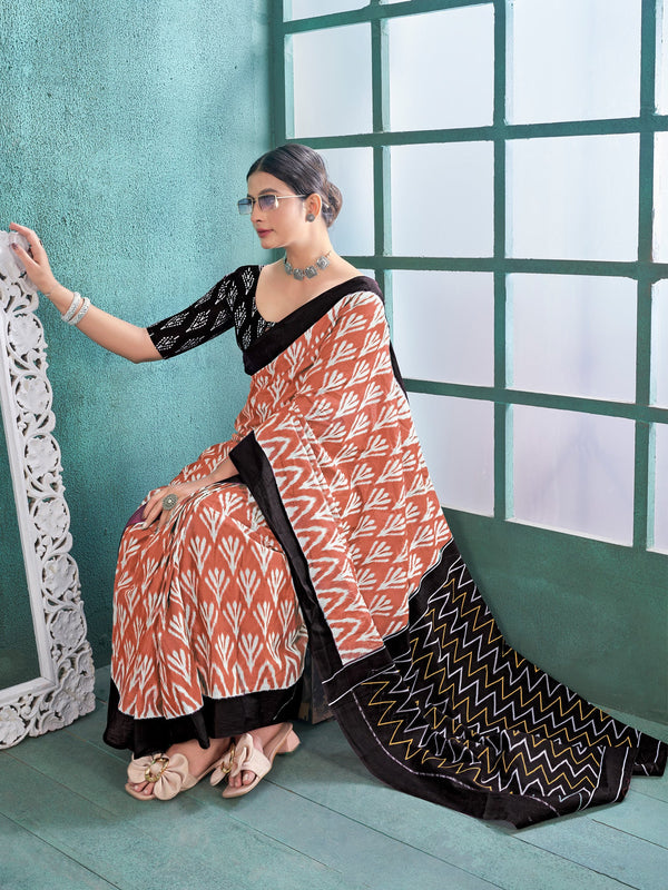 NOZ2TOZ Women's Cotton Peach Printed Designer Saree With Blouse Piece - Distacart