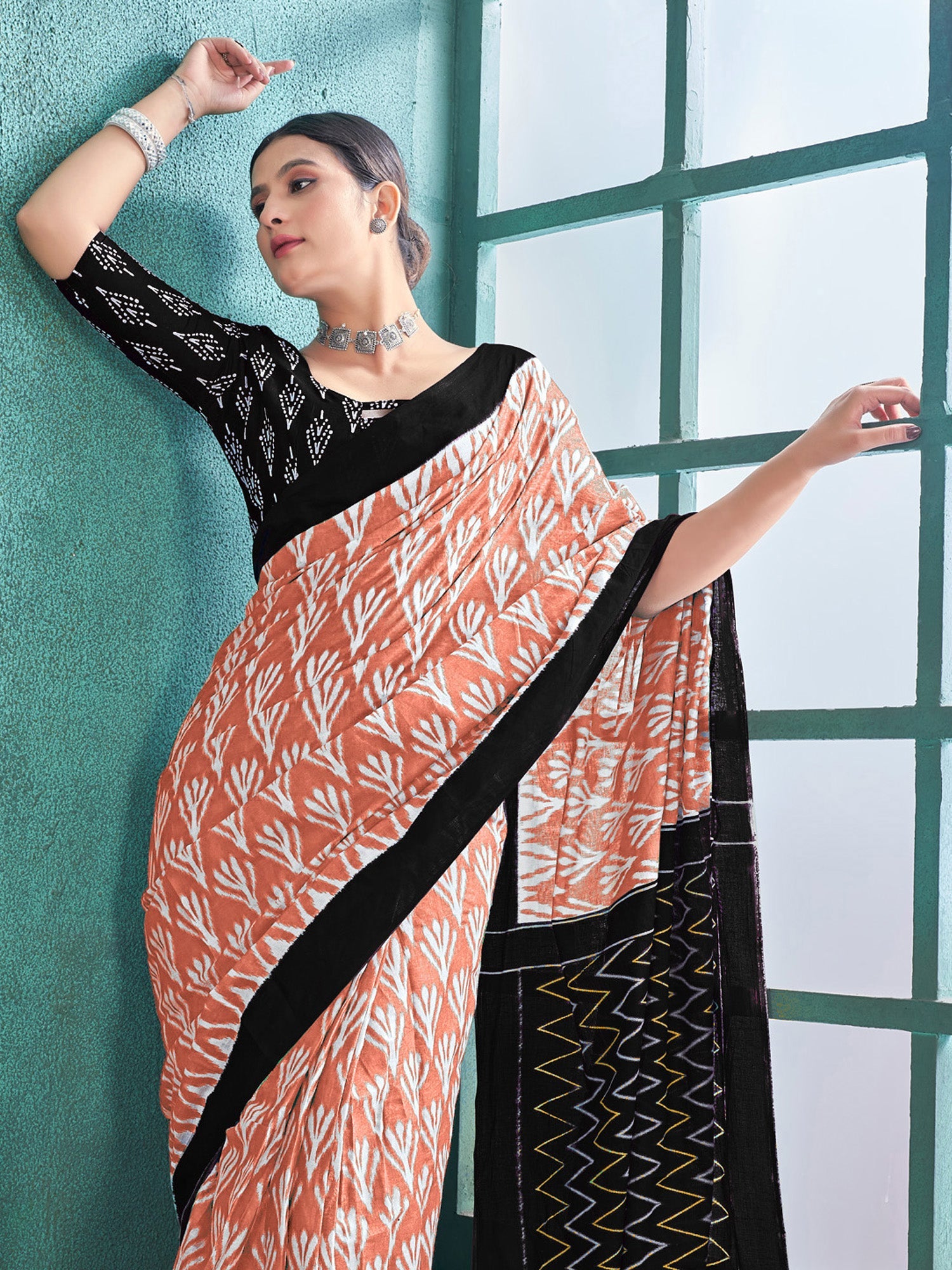 NOZ2TOZ Women's Cotton Peach Printed Designer Saree With Blouse Piece - Distacart