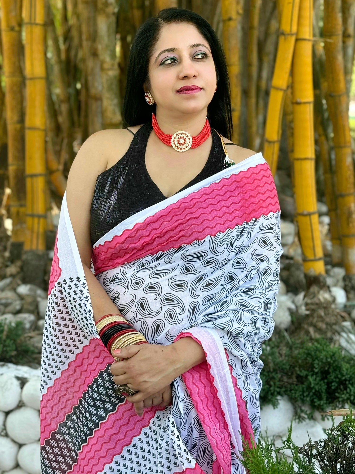 NOZ2TOZ Women's Cotton Blend White Printed Designer Saree With Blouse Piece - Distacart