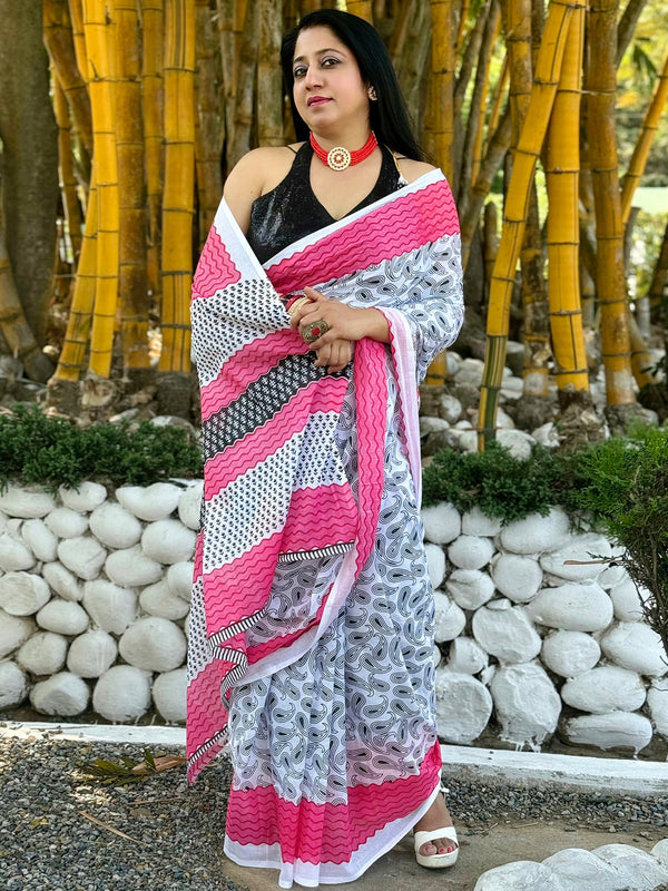 NOZ2TOZ Women's Cotton Blend White Printed Designer Saree With Blouse Piece - Distacart