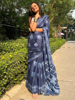Thumbnail for NOZ2TOZ Women's Cotton Navy Blue Printed Designer Saree With Blouse Piece - Distacart