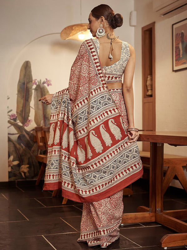 NOZ2TOZ Women's Cotton Rust Printed Designer Saree With Blouse Piece - Distacart