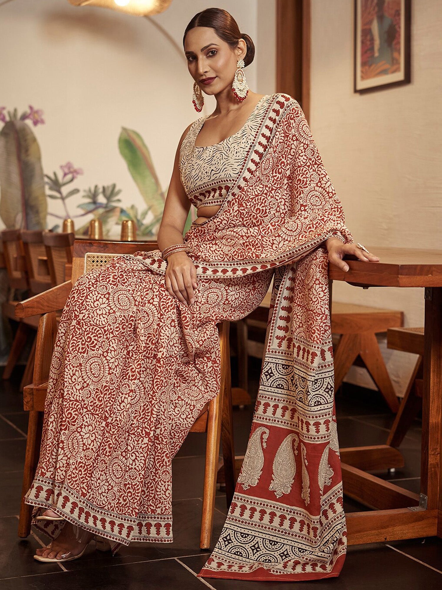 NOZ2TOZ Women's Cotton Rust Printed Designer Saree With Blouse Piece - Distacart