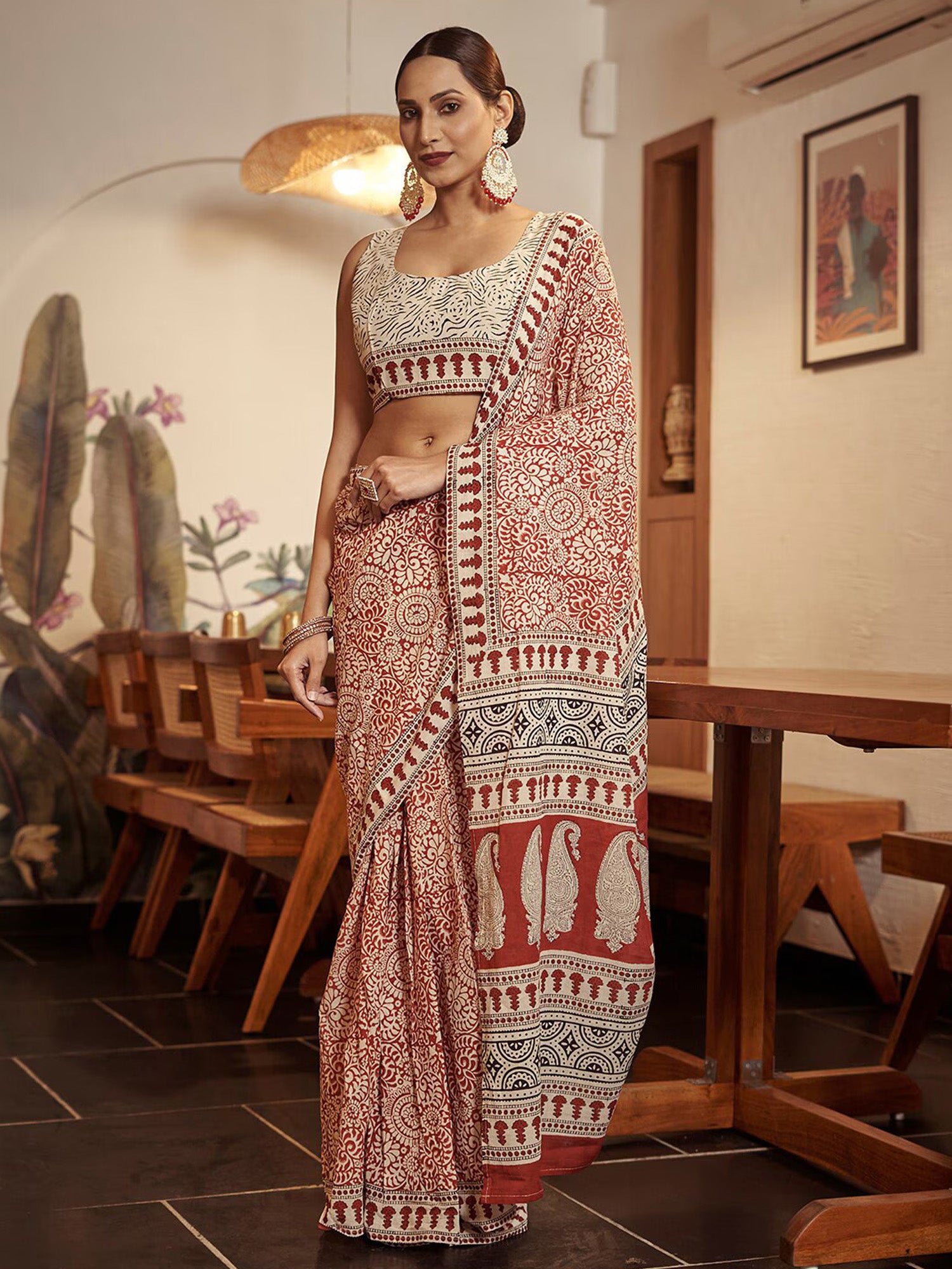 NOZ2TOZ Women's Cotton Rust Printed Designer Saree With Blouse Piece - Distacart