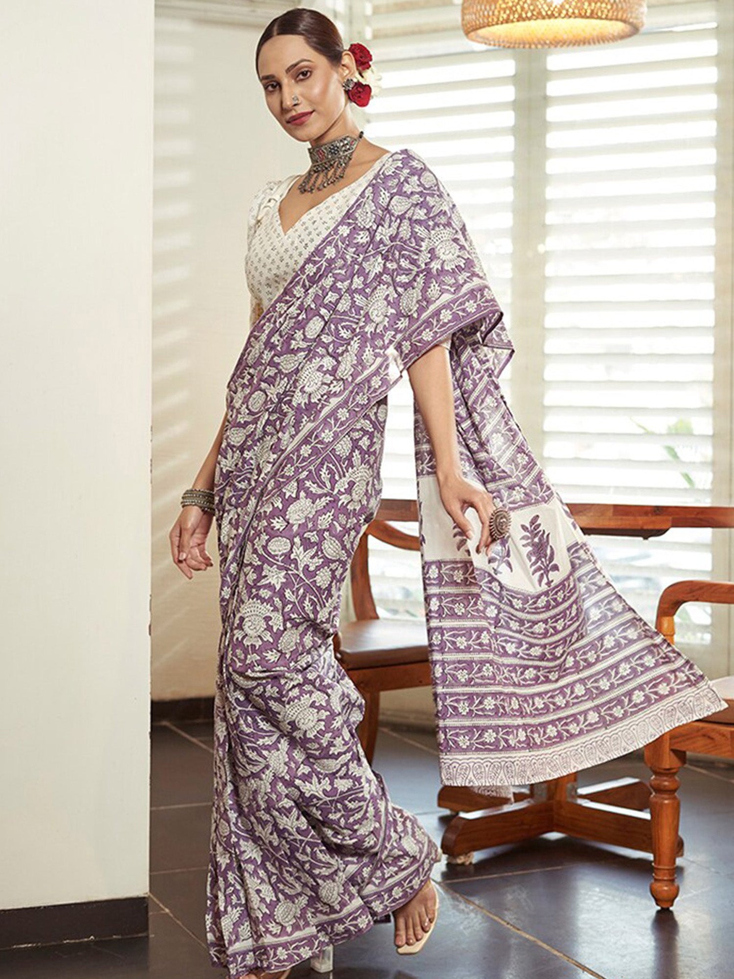 NOZ2TOZ Women's Cotton Lavender Printed Designer Saree With Blouse Piece - Distacart