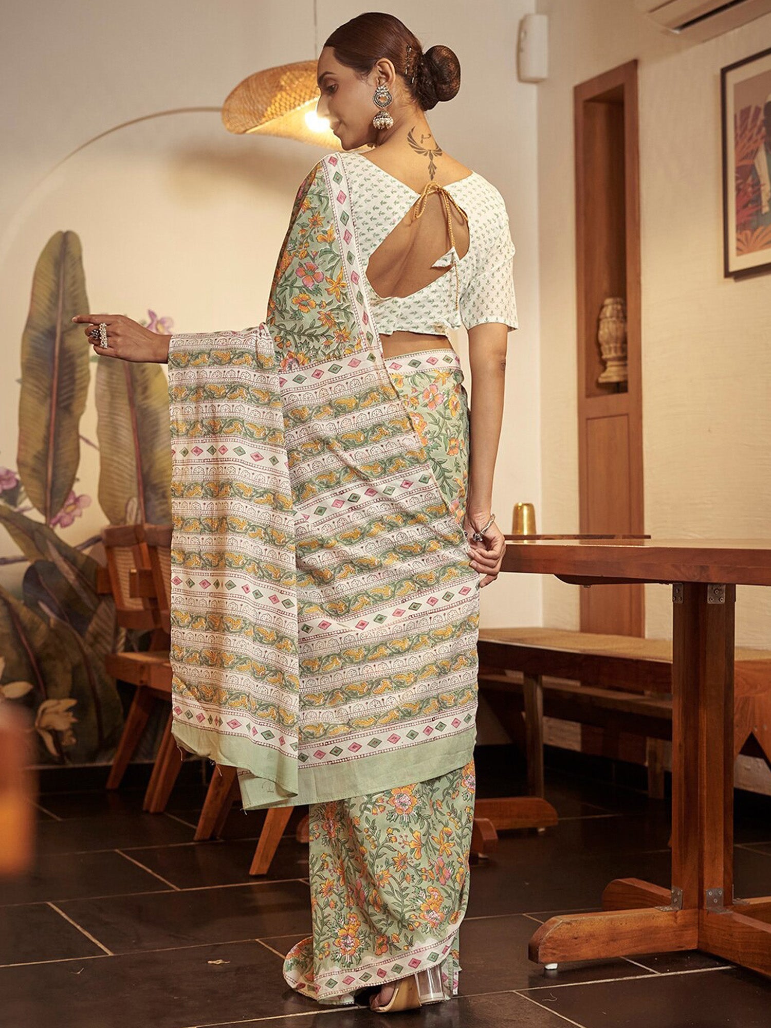 NOZ2TOZ Women's Cotton Light Green Printed Designer Saree With Blouse Piece - Distacart