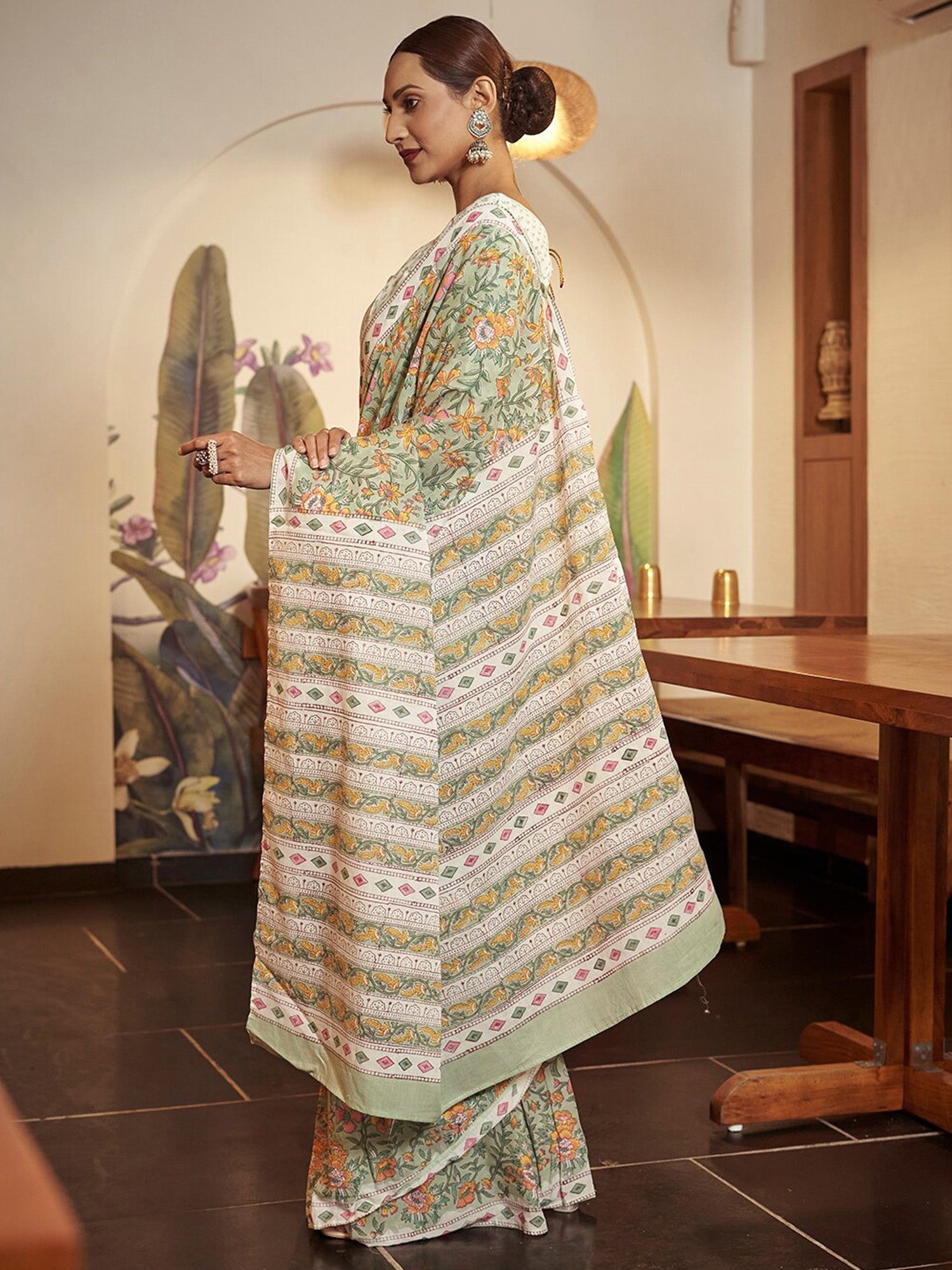 NOZ2TOZ Women's Cotton Light Green Printed Designer Saree With Blouse Piece - Distacart