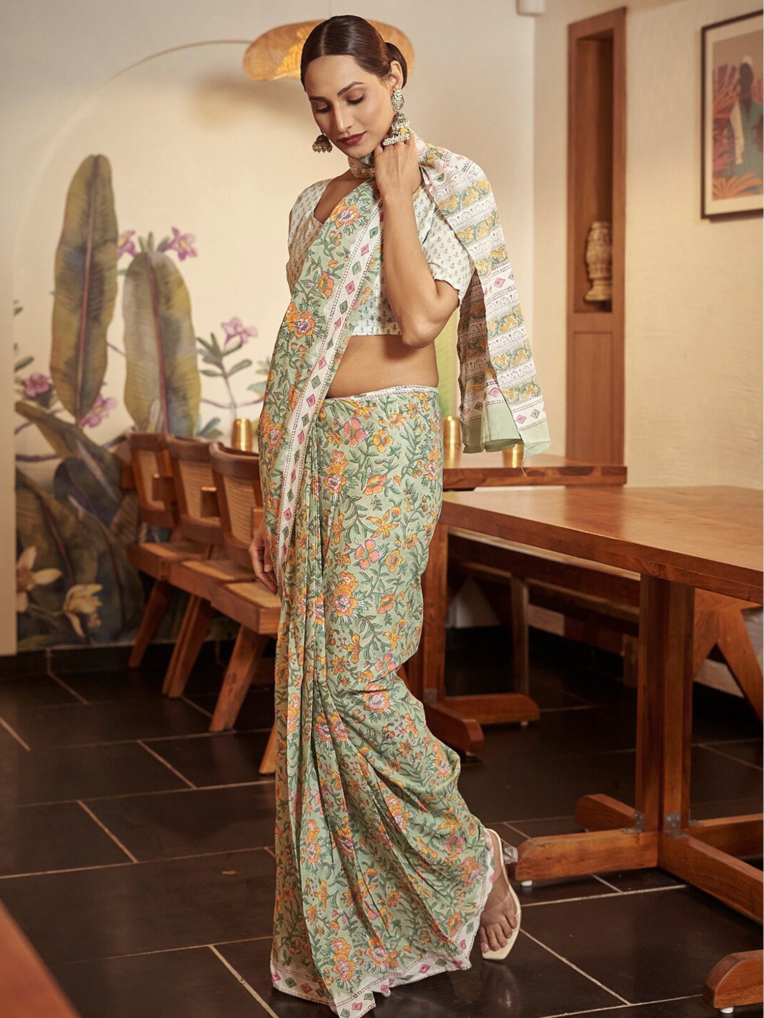 NOZ2TOZ Women's Cotton Light Green Printed Designer Saree With Blouse Piece - Distacart