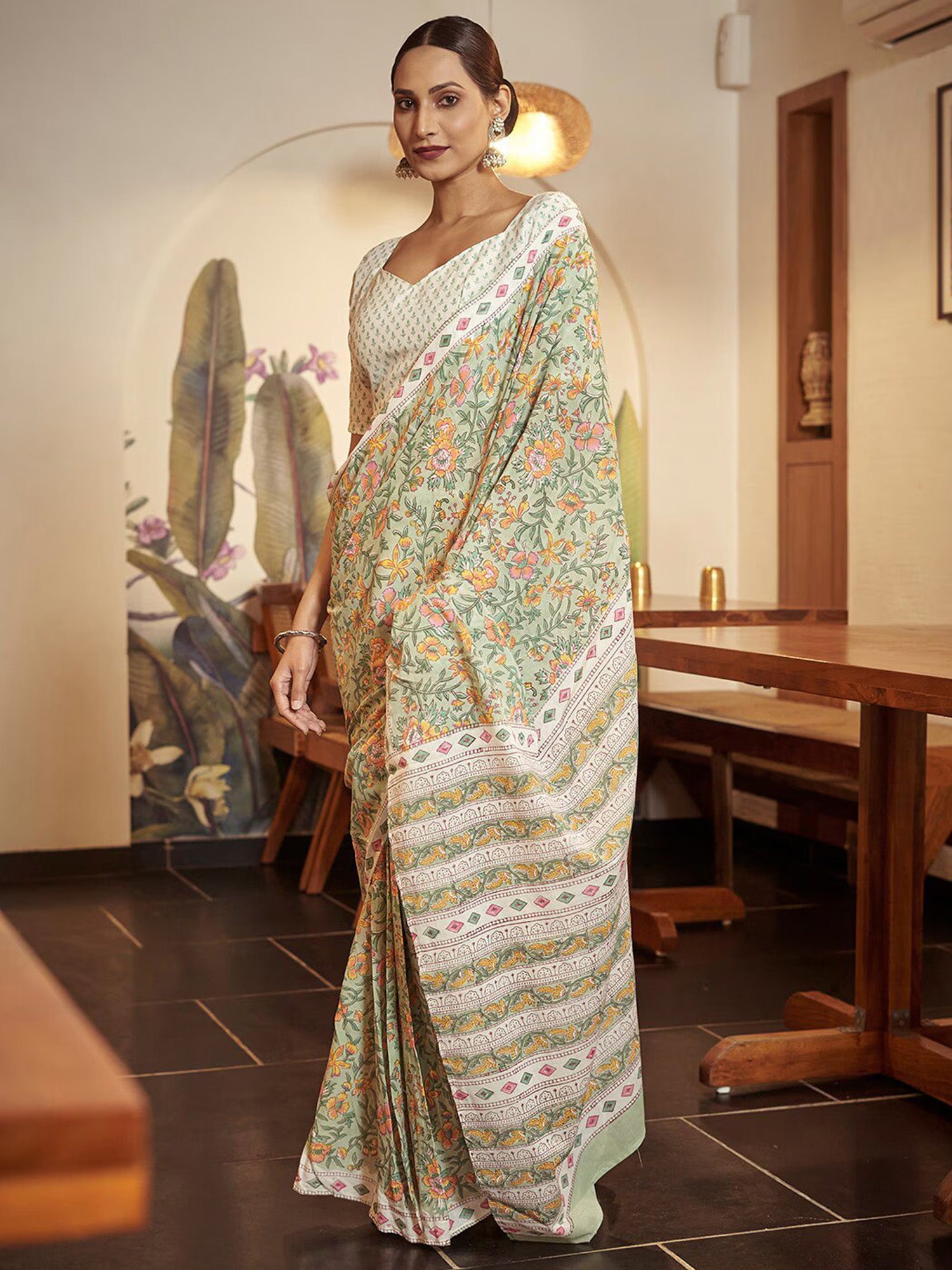NOZ2TOZ Women's Cotton Light Green Printed Designer Saree With Blouse Piece - Distacart