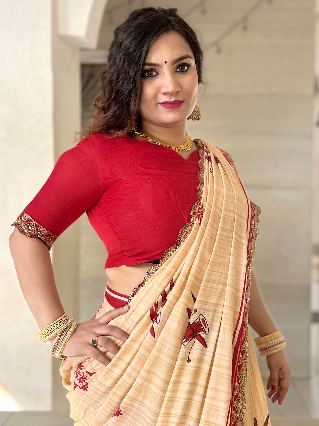 NOZ2TOZ Women's Cotton Red Embellished Designer Saree With Blouse Piece - Distacart