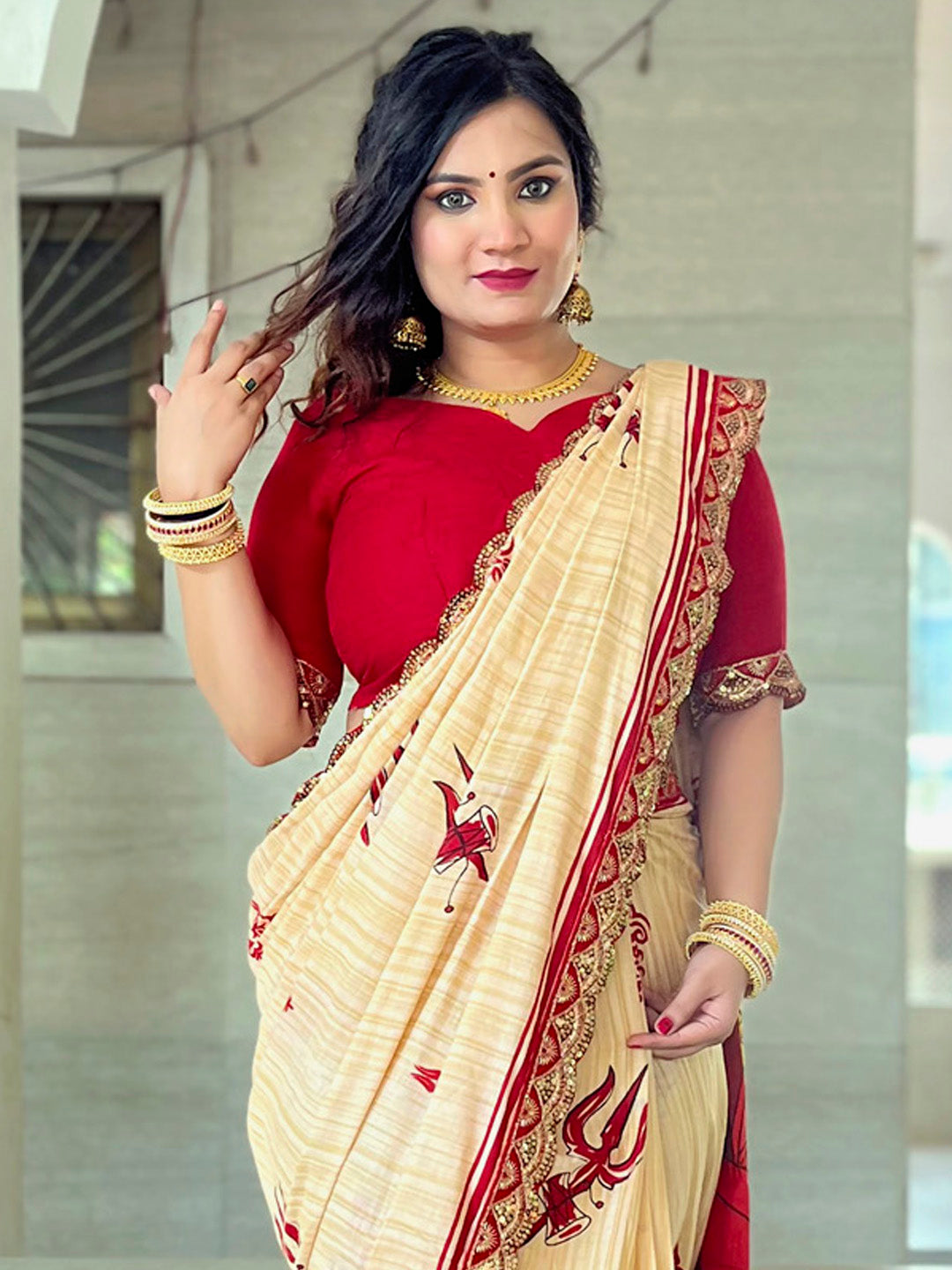 NOZ2TOZ Women's Cotton Red Embellished Designer Saree With Blouse Piece - Distacart