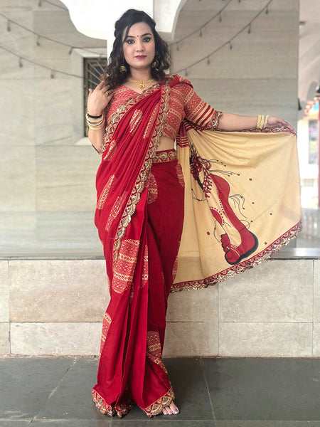 NOZ2TOZ Women's Cotton Red Embellished Designer Saree With Blouse Piece - Distacart