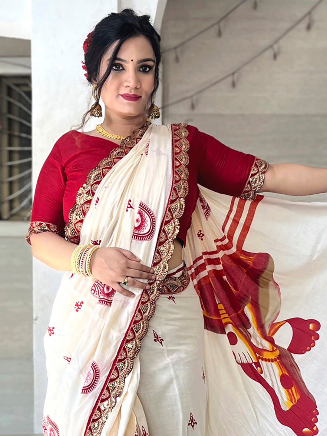 NOZ2TOZ Women's Cotton Red Embellished Designer Saree With Blouse Piece - Distacart