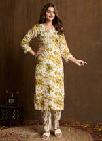 Thumbnail for Prazu Fashion Cream Printed Cotton Blend Kurta Pant Set - Distacart