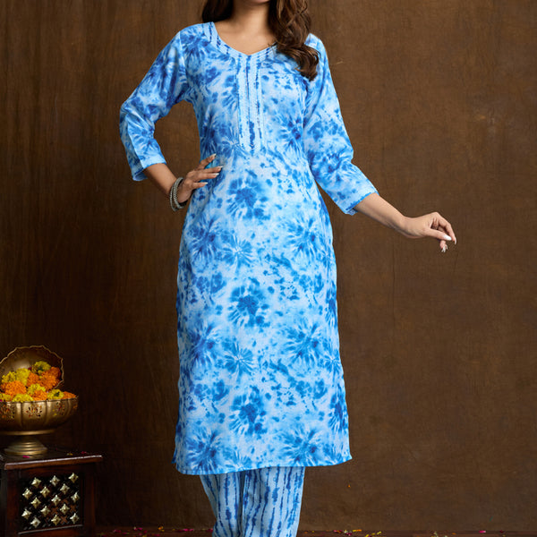 Prazu Fashion Sky Blue Printed Cotton Blend Kurta Pant Set - Distacart