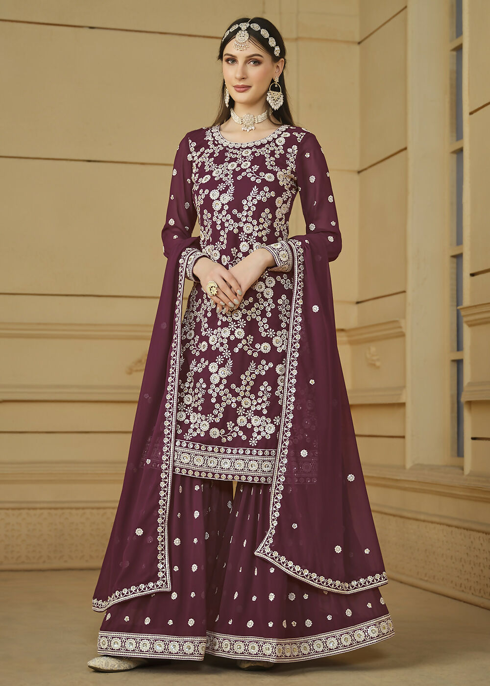 Burgundy Wine Embroidered Georgette Gharara Style Suit - Emponline - Distacart