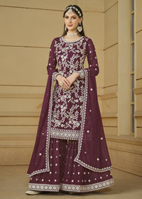 Thumbnail for Burgundy Wine Embroidered Georgette Gharara Style Suit - Emponline - Distacart