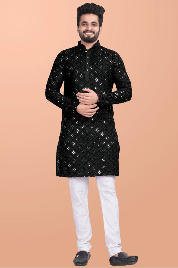 Neera Trendz Black Cotton Blend Mirror Work Men's Kurta With Pyjama