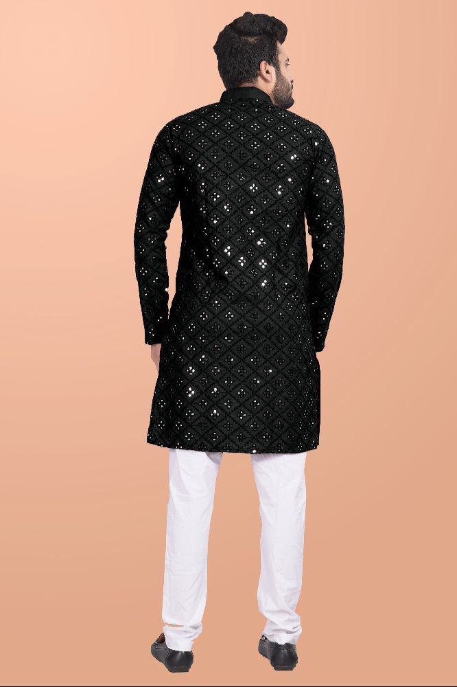 Neera Trendz Black Cotton Blend Mirror Work Men's Kurta With Pyjama