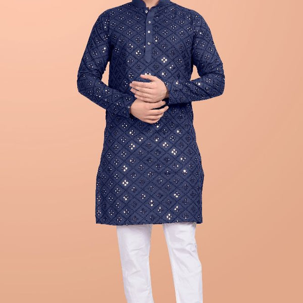 Neera Trendz Blue Cotton Blend Mirror Work Men's Kurta With Pyjama
