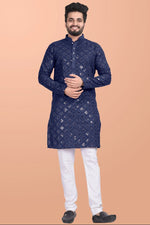 Thumbnail for Neera Trendz Blue Cotton Blend Mirror Work Men's Kurta With Pyjama