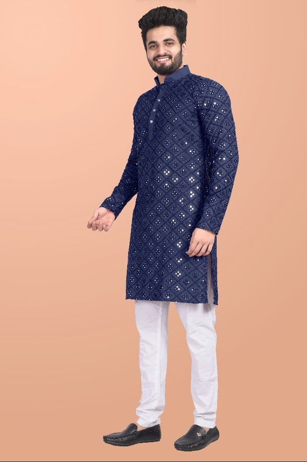 Neera Trendz Blue Cotton Blend Mirror Work Men's Kurta With Pyjama