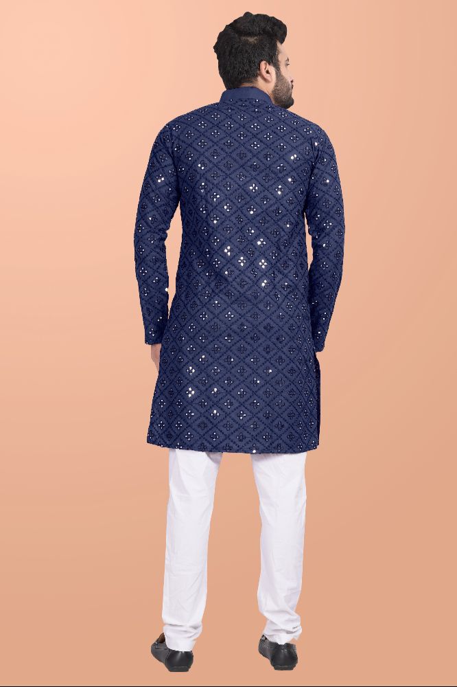 Neera Trendz Blue Cotton Blend Mirror Work Men's Kurta With Pyjama - Distacart
