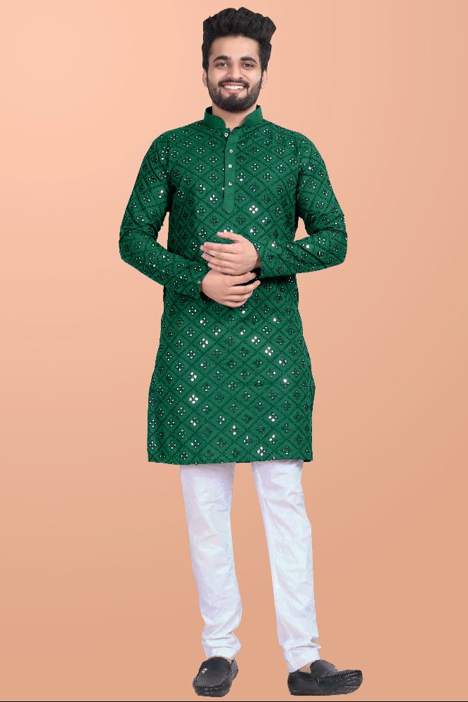 Neera Trendz Green Cotton Blend Mirror Work Men's Kurta With Pyjama