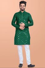 Thumbnail for Neera Trendz Green Cotton Blend Mirror Work Men's Kurta With Pyjama