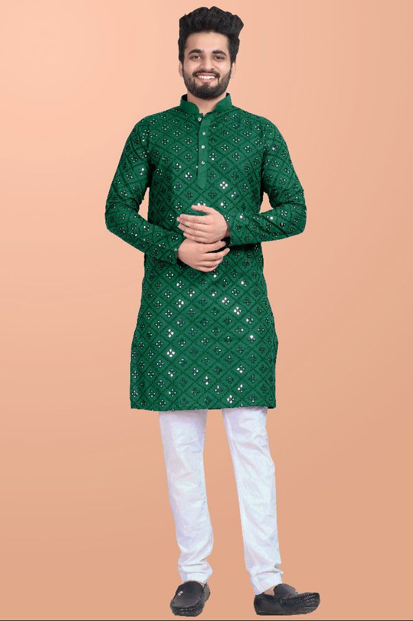 Neera Trendz Green Cotton Blend Mirror Work Men's Kurta With Pyjama