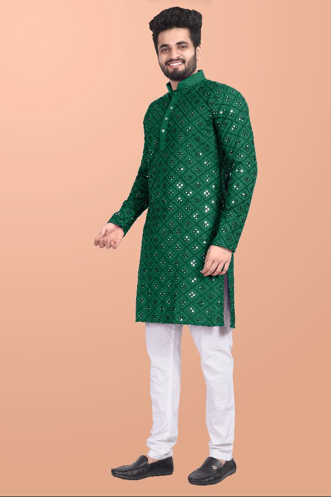 Neera Trendz Green Cotton Blend Mirror Work Men's Kurta With Pyjama